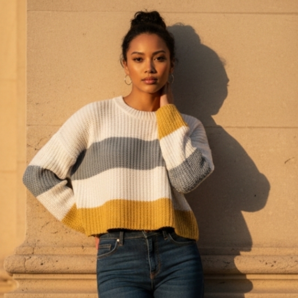 Sincerely Jules Colorblock Sweater - White, Blue, Mustard Size Large